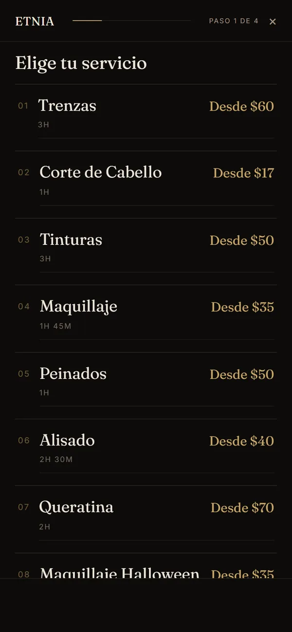 Pantalla de selección de servicio del sistema de reservas de Etnia Braids