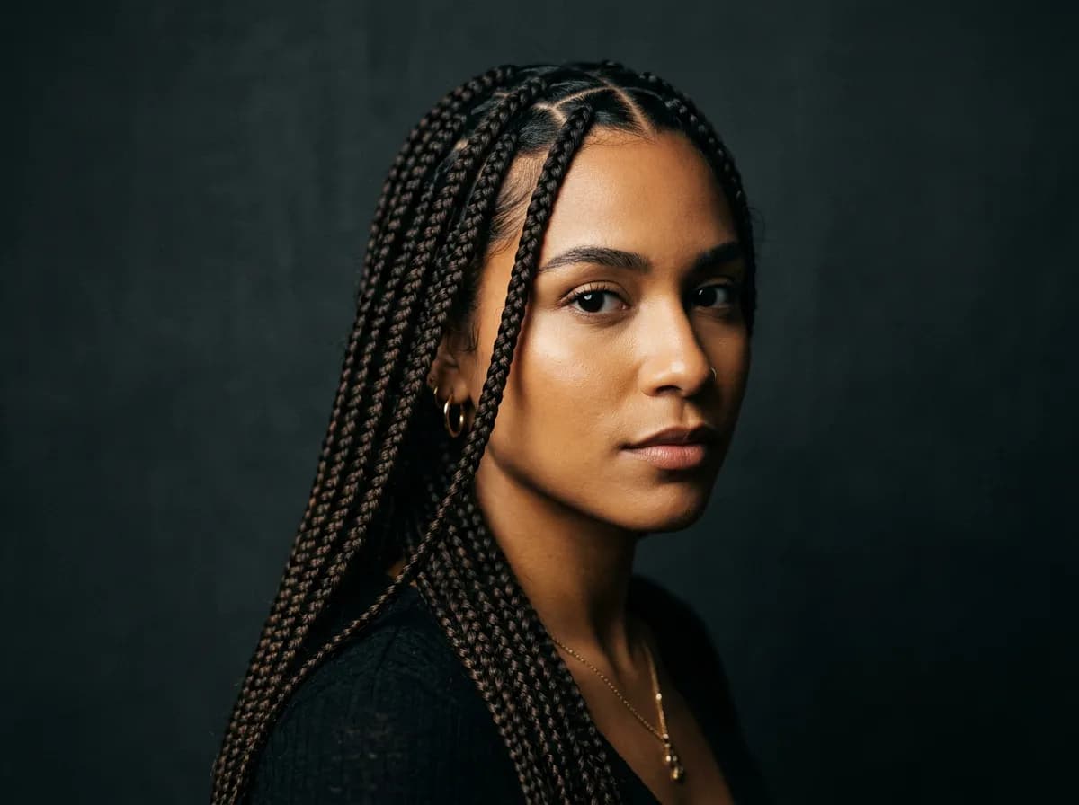 Mujer con box braids largas, estudio Etnia Braids